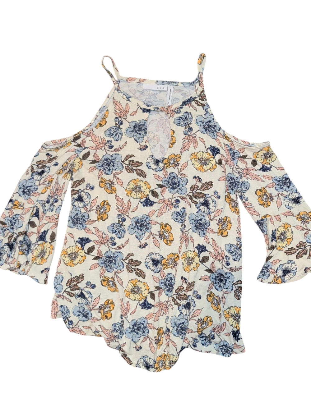 Floral Cold-Shoulder Halter Blouse in Cream with Blue & Yellow Print